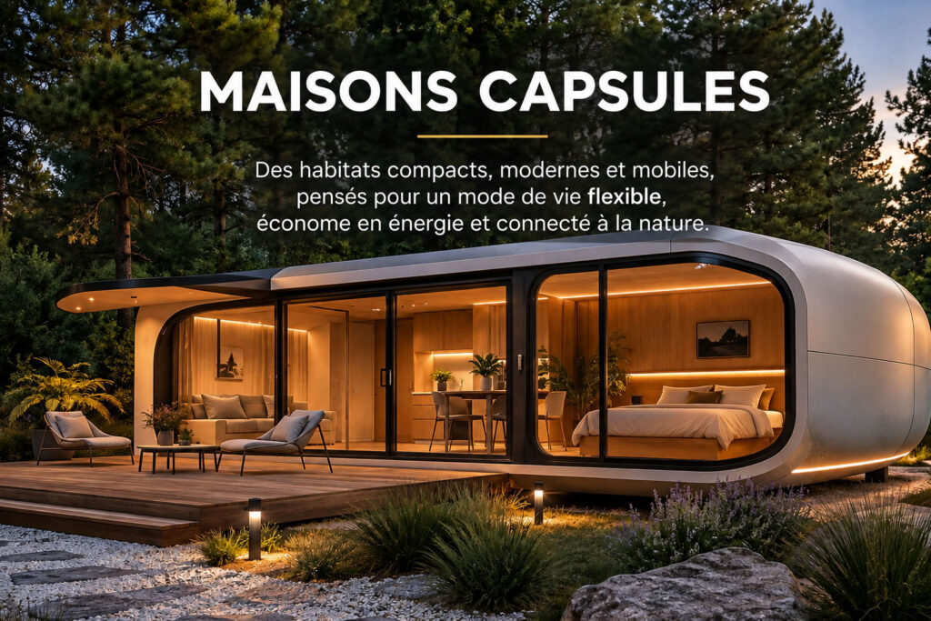 Maison capsule moderne préfabriquée avec grandes baies vitrées dans un environnement naturel
