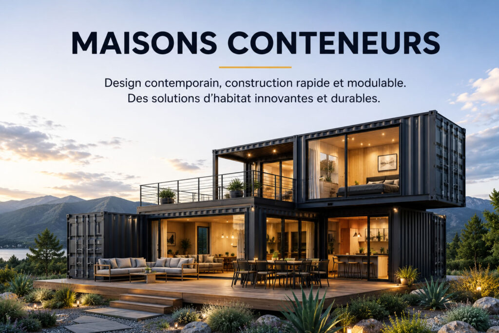 Maison conteneur moderne composée de containers maritimes aménagés avec terrasse et grandes baies vitrées