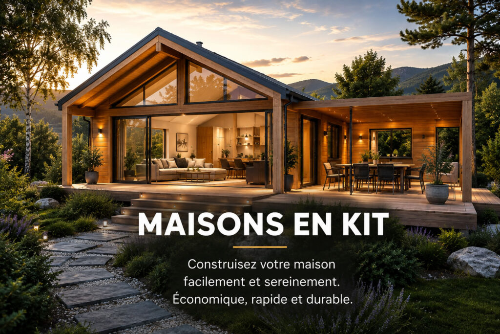 Maison en kit moderne en bois avec structure préfabriquée, terrasse et grandes baies vitrées