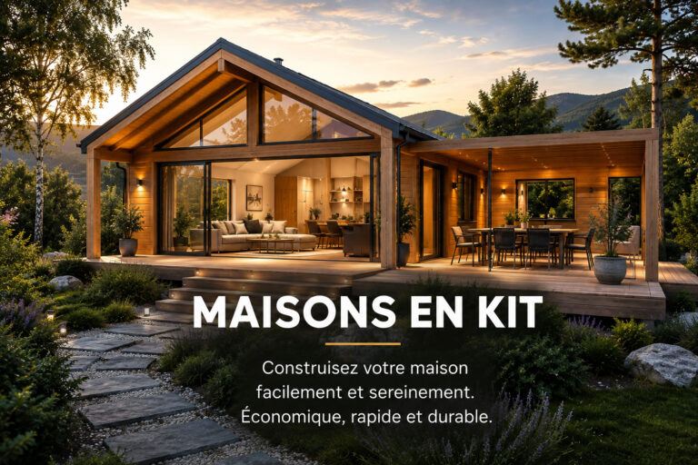 Maison en kit moderne en bois avec structure préfabriquée, terrasse et grandes baies vitrées