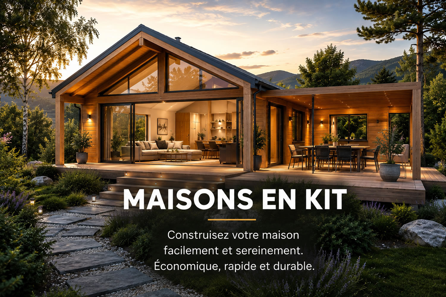 Maison en kit moderne en bois avec structure préfabriquée, terrasse et grandes baies vitrées