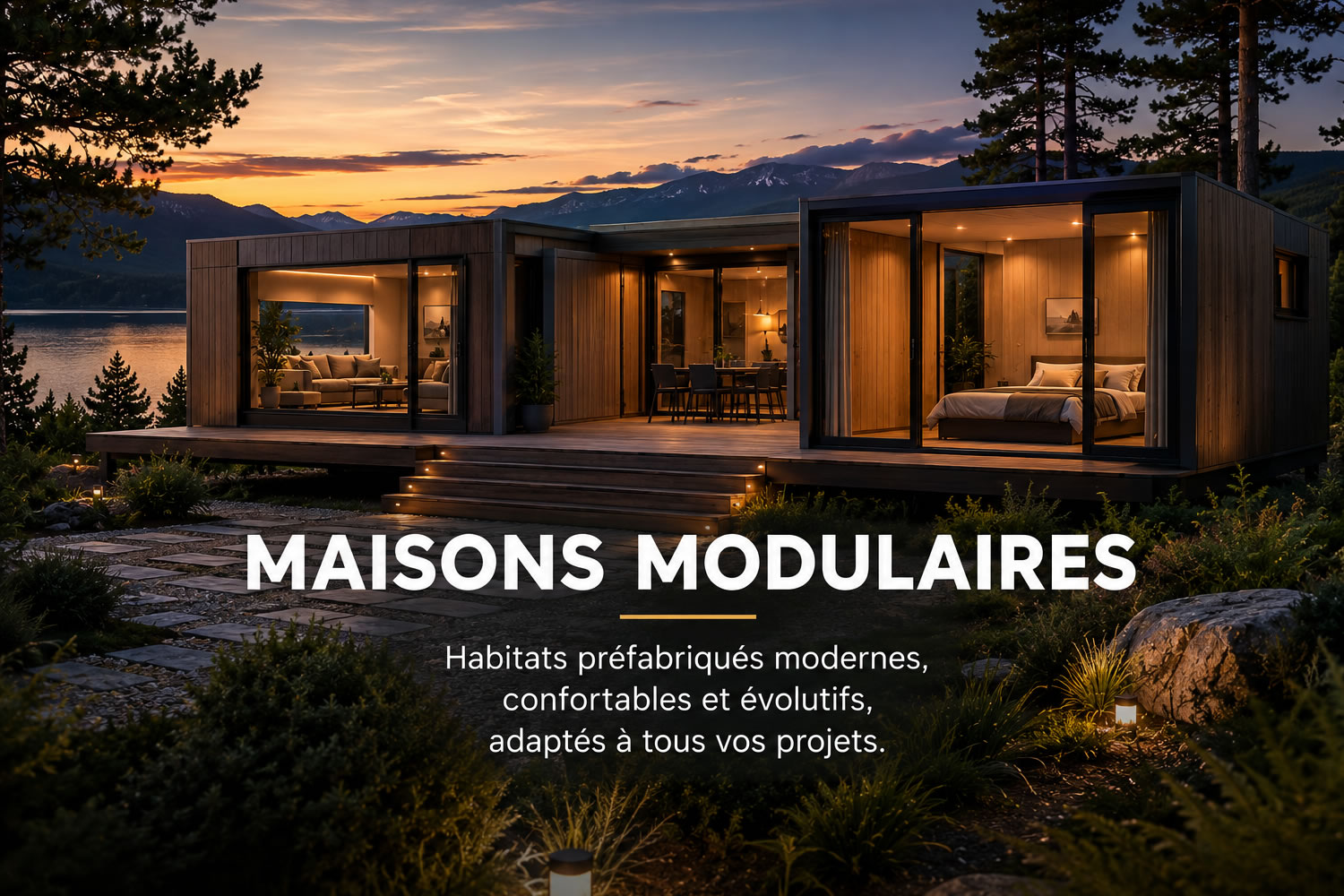 Maison modulaire moderne préfabriquée composée de plusieurs modules en bois et grandes baies vitrées