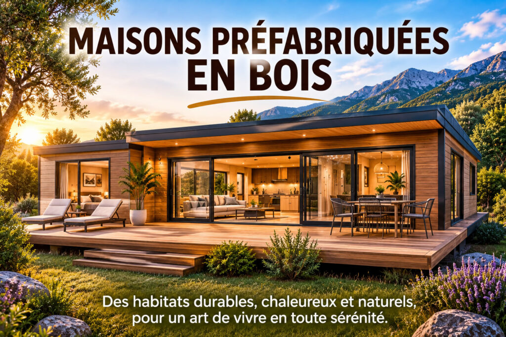 Maison préfabriquée en bois moderne avec grandes baies vitrées et terrasse