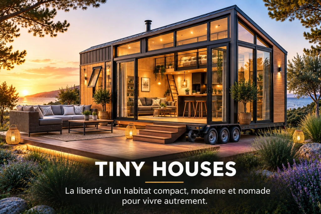 Tiny house moderne sur remorque avec grandes baies vitrées, terrasse et mezzanine