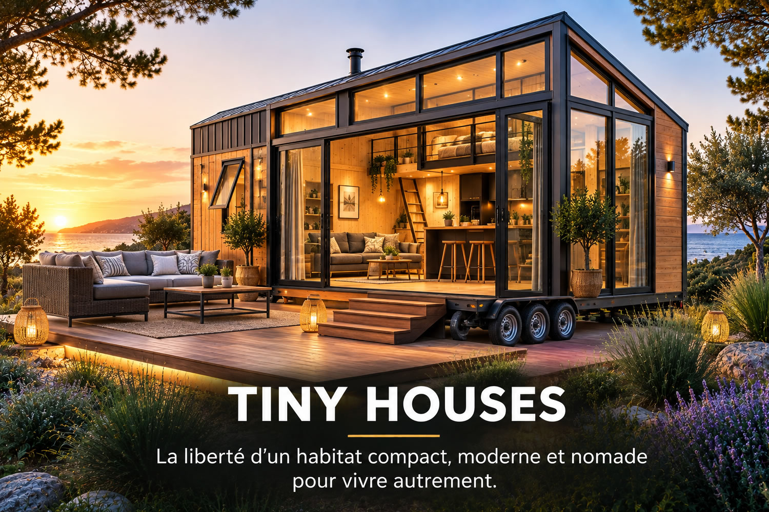 Tiny house moderne sur remorque avec grandes baies vitrées, terrasse et mezzanine