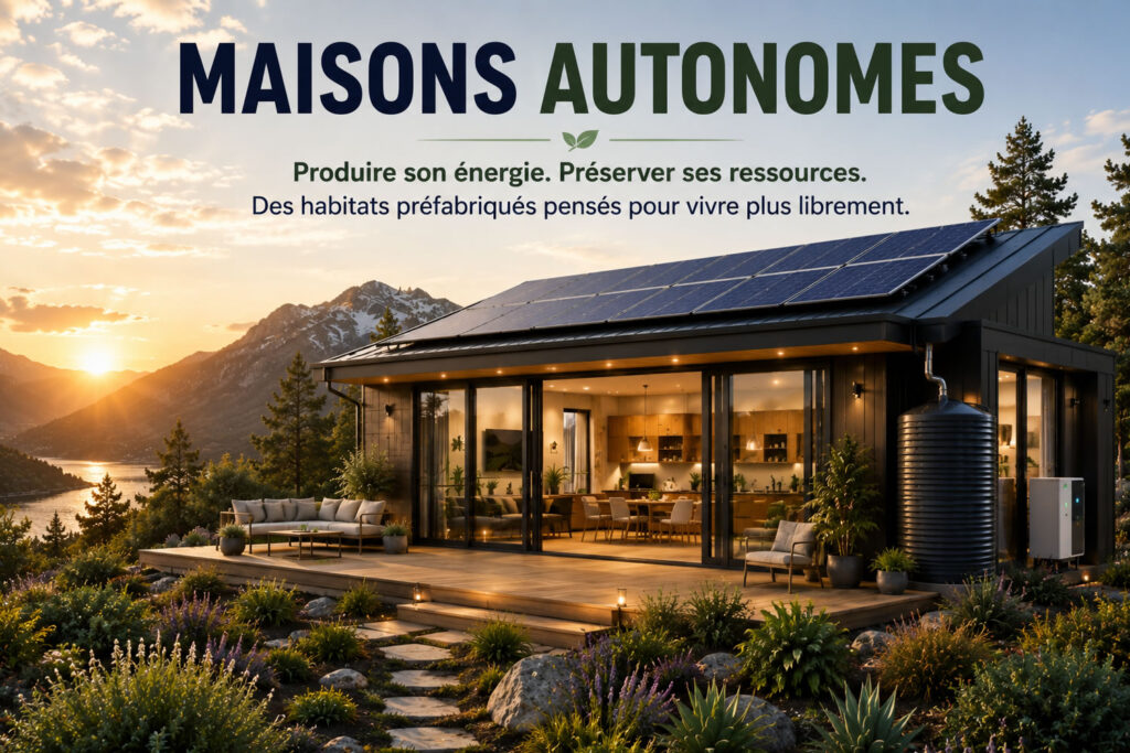 Maison autonome préfabriquée avec panneaux solaires et système de récupération d’eau