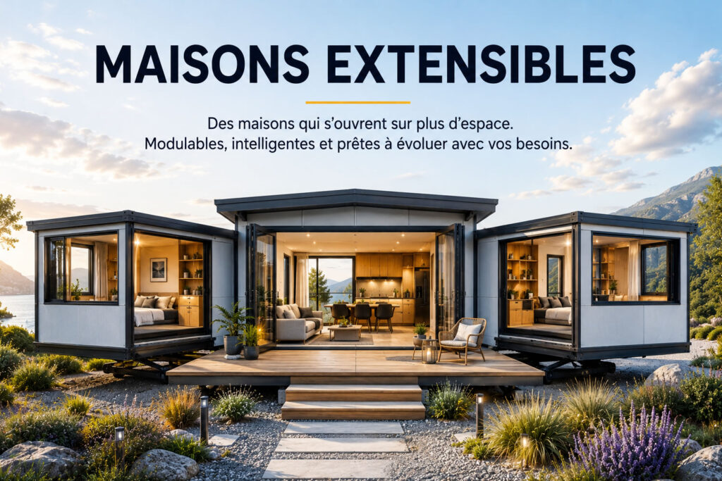 Maison extensible préfabriquée avec modules latéraux déployables et espace de vie central