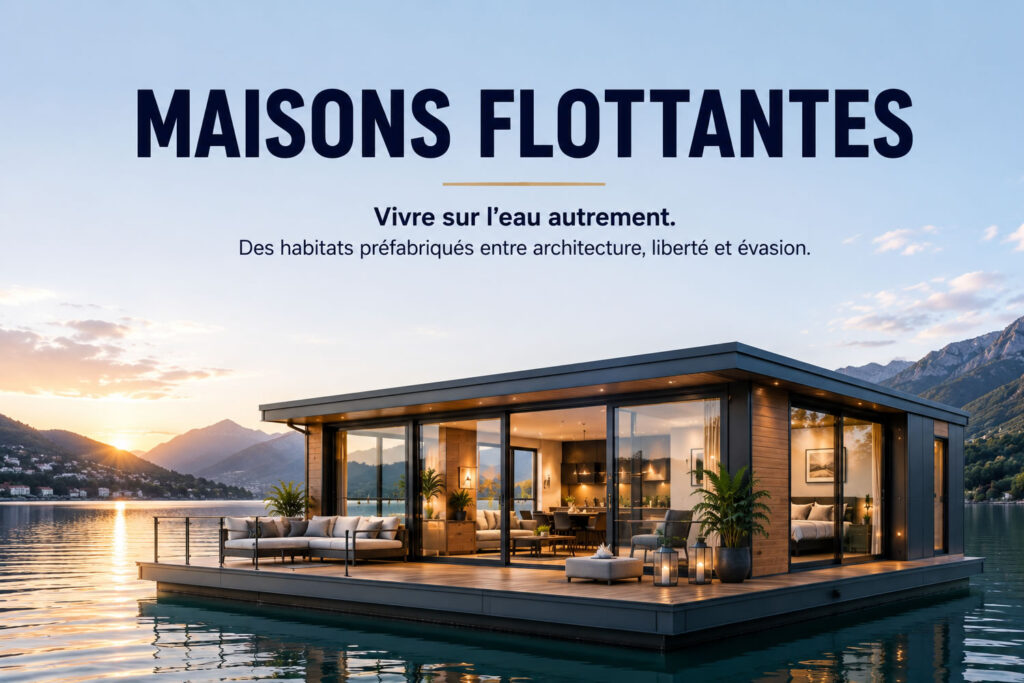 Maison flottante préfabriquée moderne avec terrasse et grandes baies vitrées sur un lac