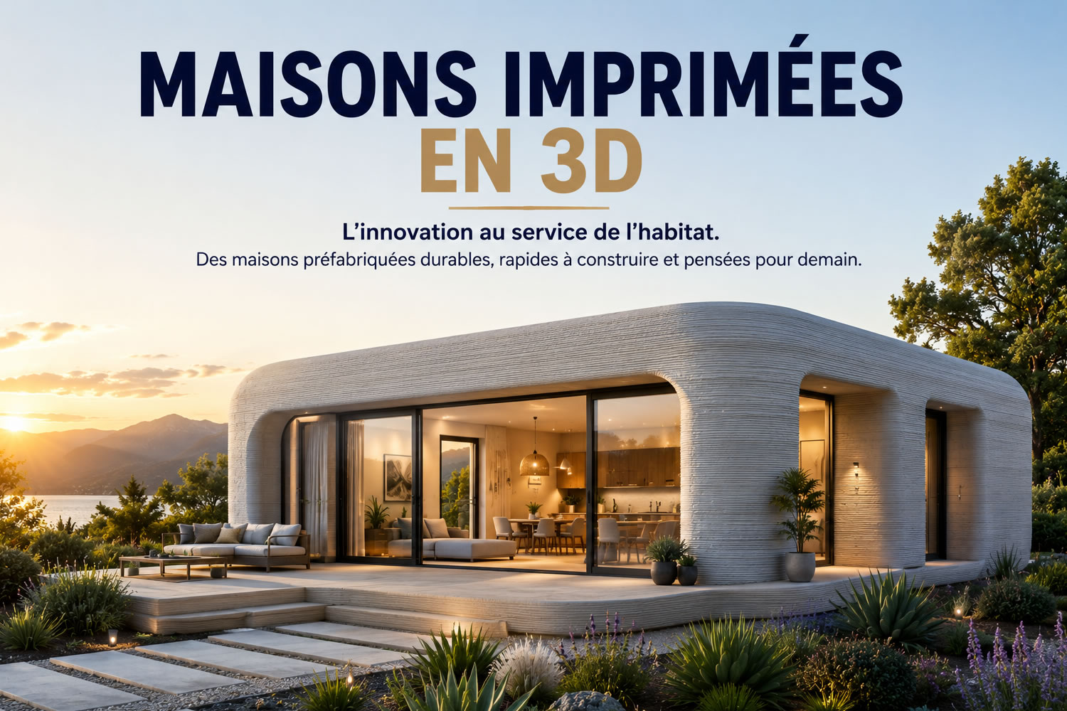 Maison imprimée en 3D moderne avec murs aux strates visibles, grandes baies vitrées et terrasse